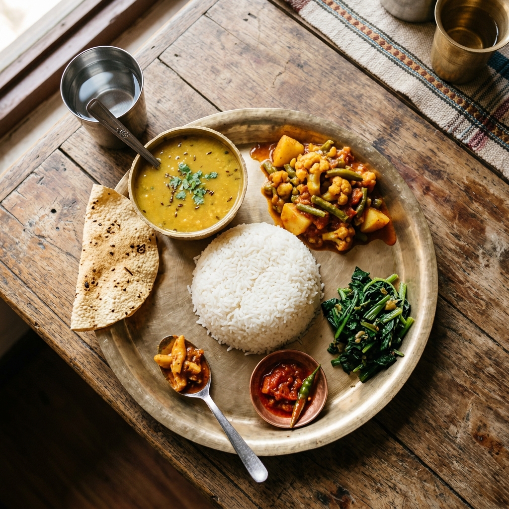 Traditional Nepali Dal Bhat Tarkari served on a brass thali