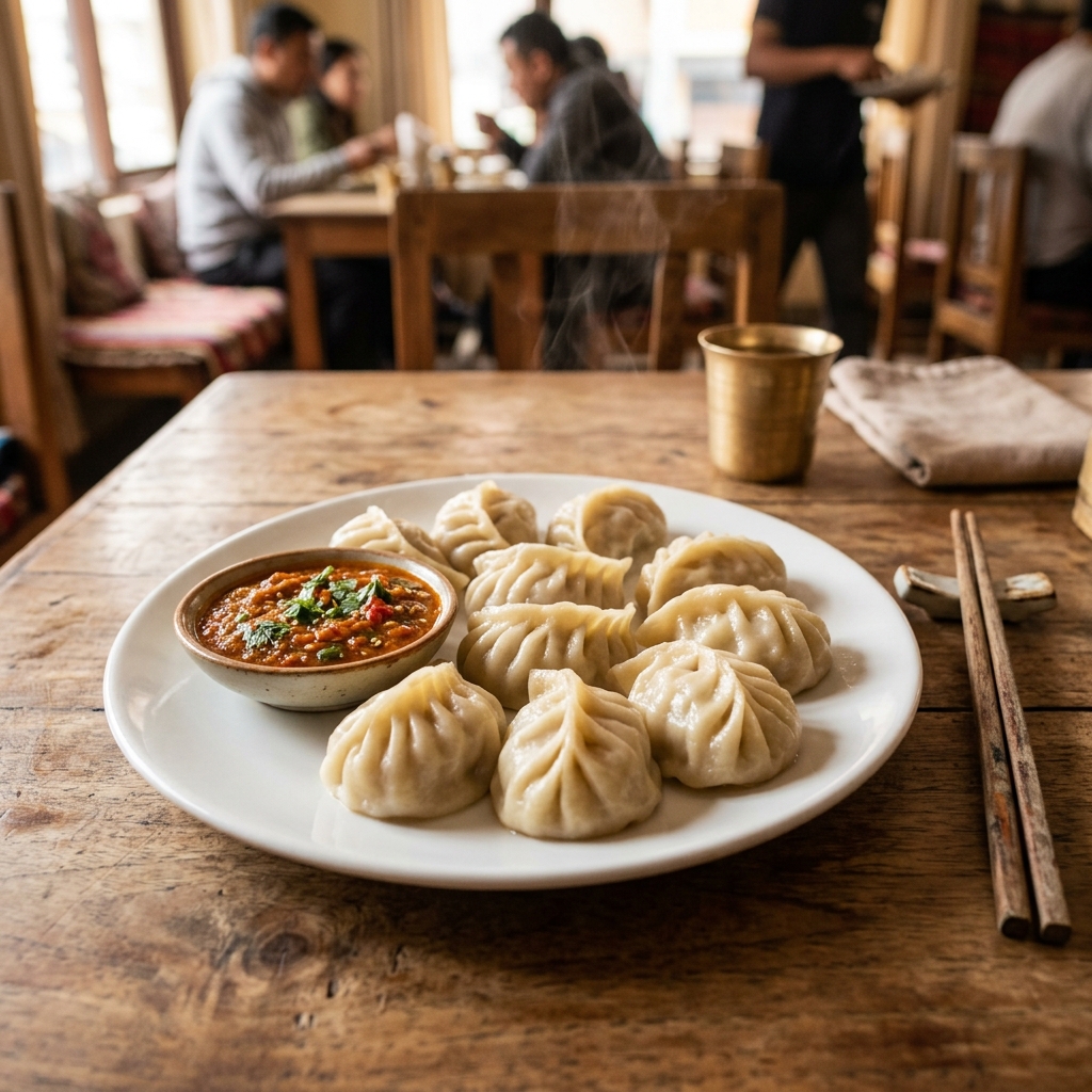 Freshly steamed Nepali momos with tomato chutney